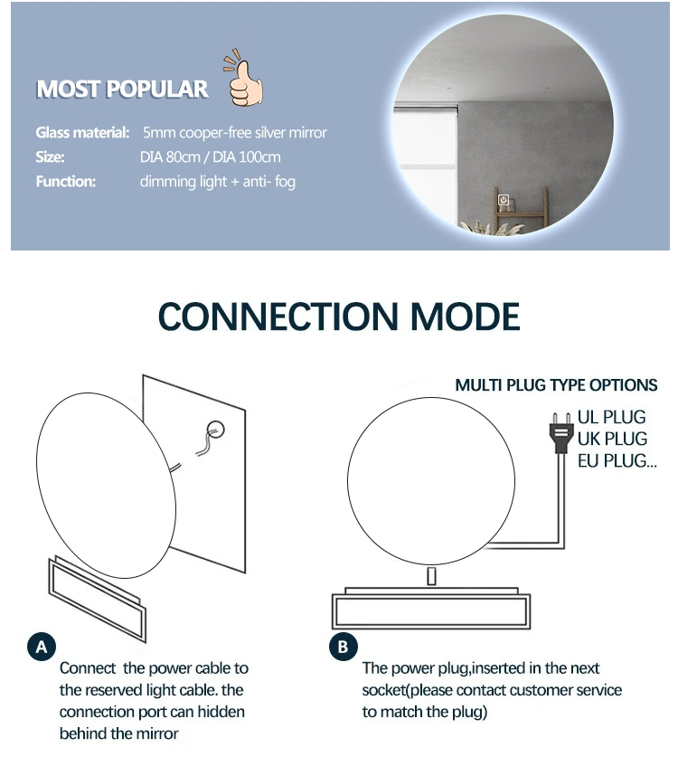 LED Round Frameless Mirror Wall-Mounted 6500K Backlit Dimmable Lighted Bathroom Vanity Anti-Fog