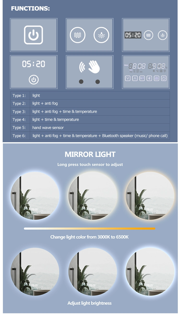 LED Round Frameless Mirror Wall-Mounted 6500K Backlit Dimmable Lighted Bathroom Vanity Anti-Fog