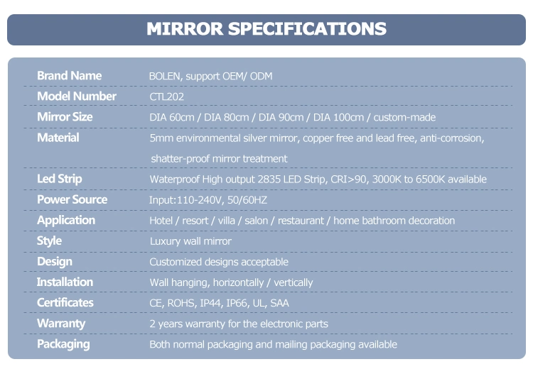 LED Round Frameless Mirror Wall-Mounted 6500K Backlit Dimmable Lighted Bathroom Vanity Anti-Fog