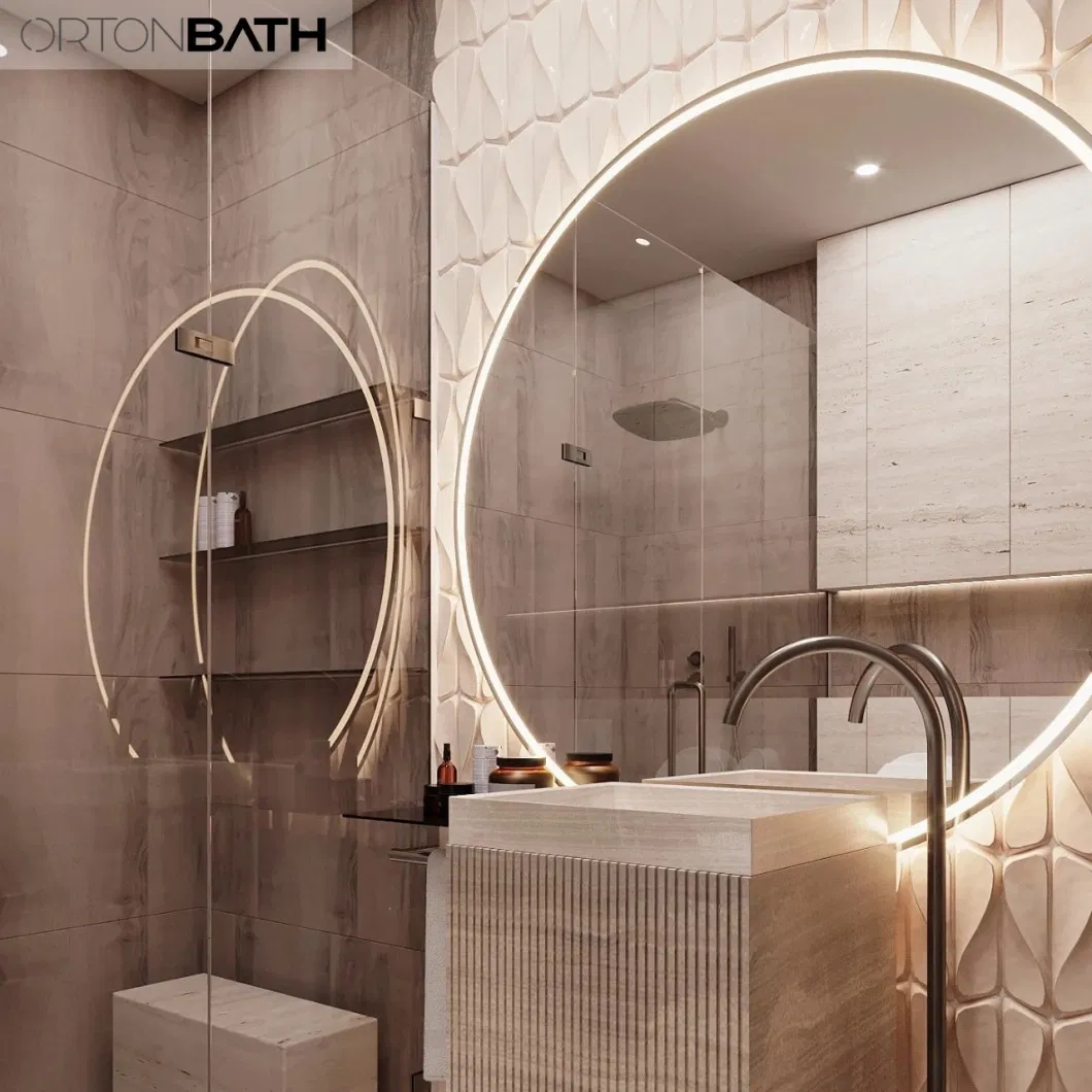 ORTONBATH Round Tornado Art Frameless Wall Hung Large Bathroom Vanity Mirrors Hollywood Gold Makeup LED Arch Long Bath Mirror