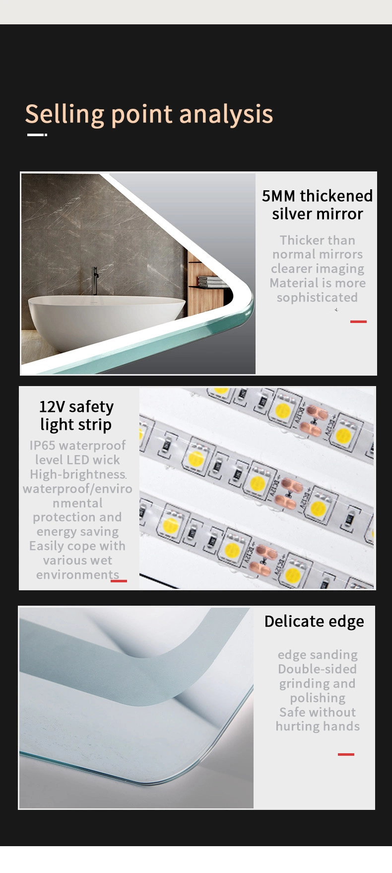 Sensor Switch Large Rectangular Vanity Mirror Anti Fog Bathroom Wall Mounted Frameless Smart LED Mirrors