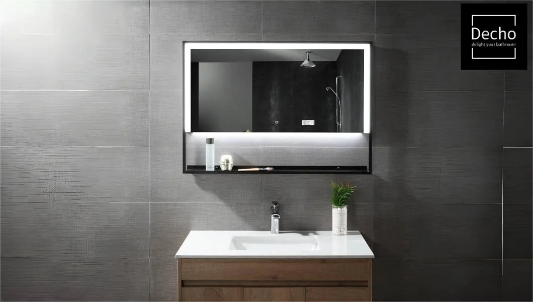 Large Rectangular Decorative Black Bathroom Smart LED Mirror with Built-in Shelf