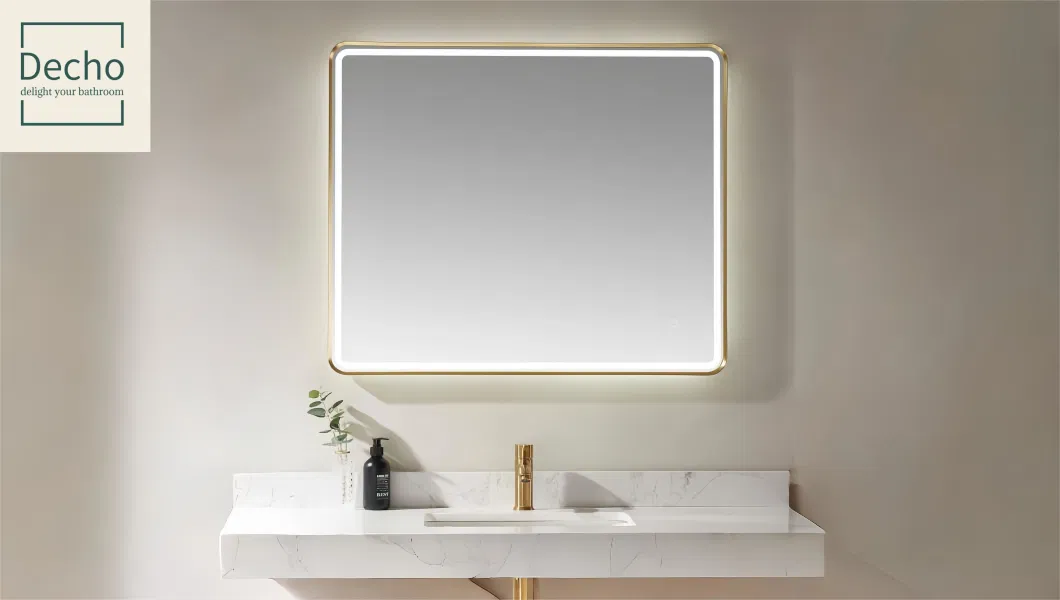 Round Corner Gold Metal Frame Wall Mounted Vanity Lighted Mirror for Bathroom