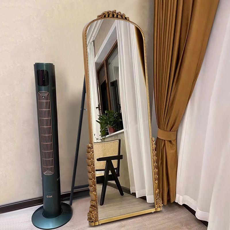 French Retro Carved Full Body Fitting Mirror European Arched Home Wall Hanging Dressing Mirror with Bracket Floor Mirror