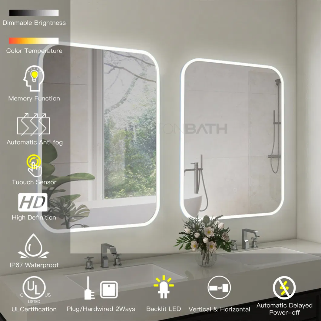 Ortonbath Rectangular Round Corner Rectangular Frameless Backlit Frontlit LED Bathroom Mirror, Wall-Mounted Vanity Makeup Lighted Mirror, Anti-Fog Dimmable