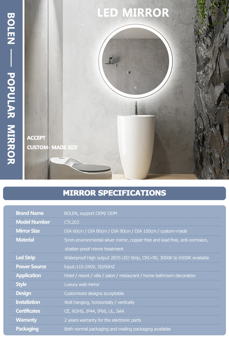 Factory Directly Frosted Sandblasting Mirror Frameless Round Shpae LED bathroom Smart Mirror Bluetooth Anti-Fog