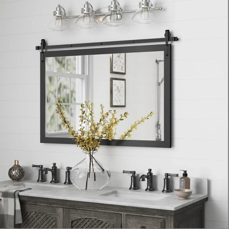 Rectangular Solid Wood Barn Door Hanging Rail Decorative Mirror Custom American Metal Track Iron Frame Large Size Bathroom Mirror