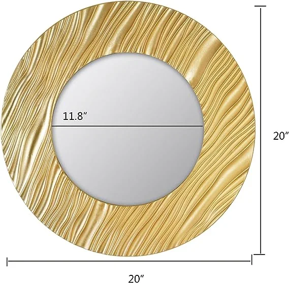 Antiqued Gold Round Wall Mirror Wood Texture Frame Decorative Mirror - 20 X 20 Inches