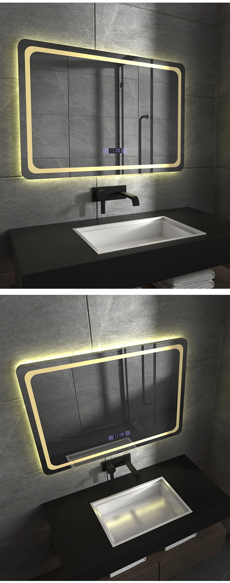 Sensor Switch Large Rectangular Vanity Mirror Anti Fog Bathroom Wall Mounted Frameless Smart LED Mirrors