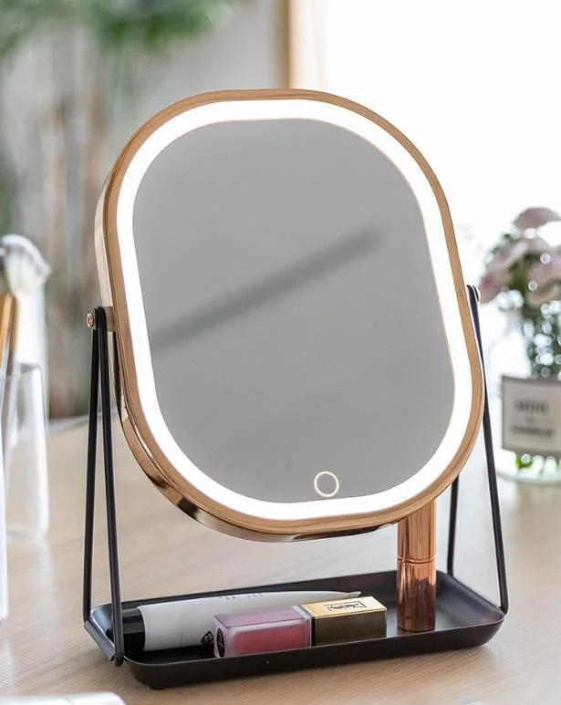 Round Square Portable Vanity Tabletop Mirror with Square Cosmetics Tray