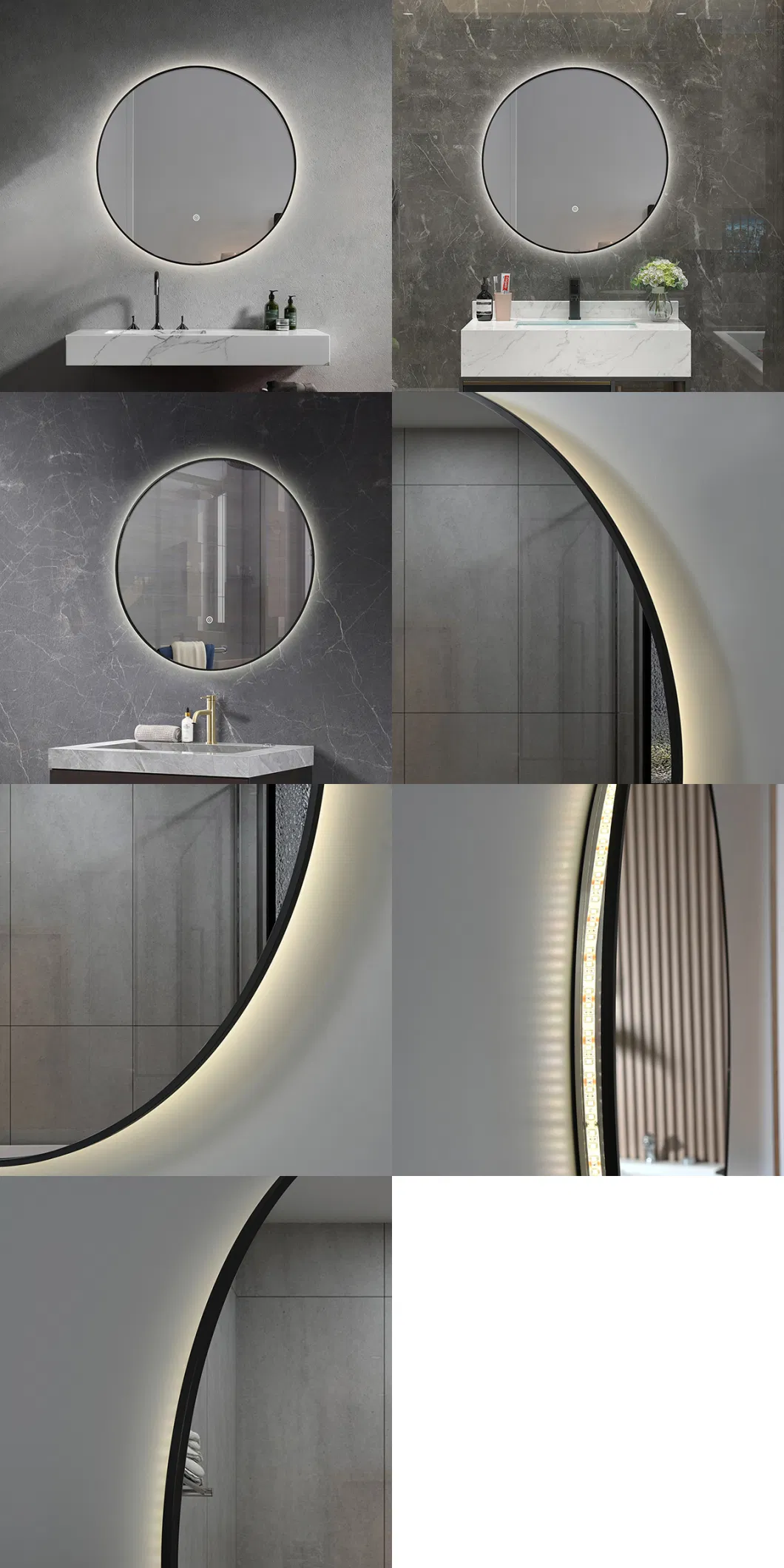 Round Shape Fogless Glass Styling Decorative Mirror Hotel Room Ultra-Thin Black Aluminum Frame Smart Backlit LED Bathroom Wall Vanity Mirrors with Light