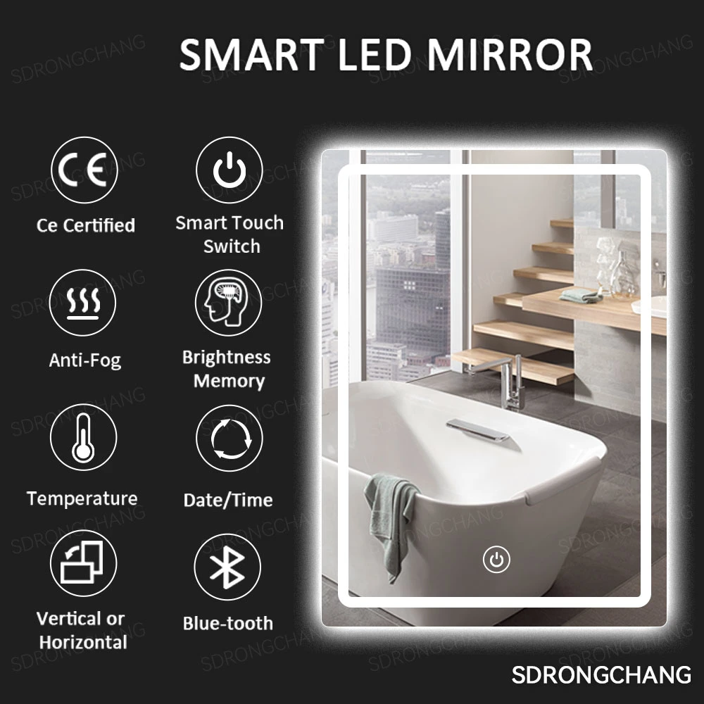 Hotel Home Gold LED Bathroom Mirror Touch Screen Decor Wall Rectangular Mirror with Metal Frame Bathroom LED Smart Mirror