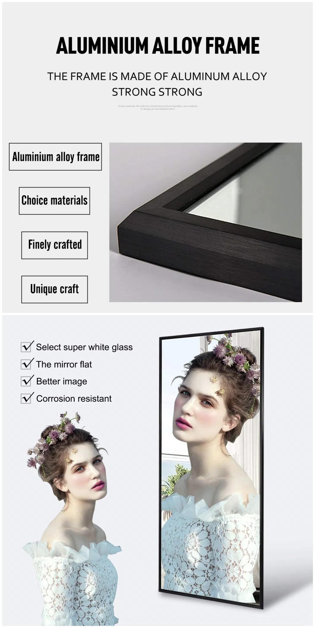 Jinghu Brand Home Decoration Furniture Black Rectangle Metal Frame Mirror Dressing Full Length Standing Floor Mirror with OEM Packaging