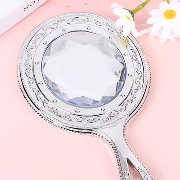 Silver Classical Makeup Hand Mirror Custom Cosmetic Retro Diamond Handheld Mirror