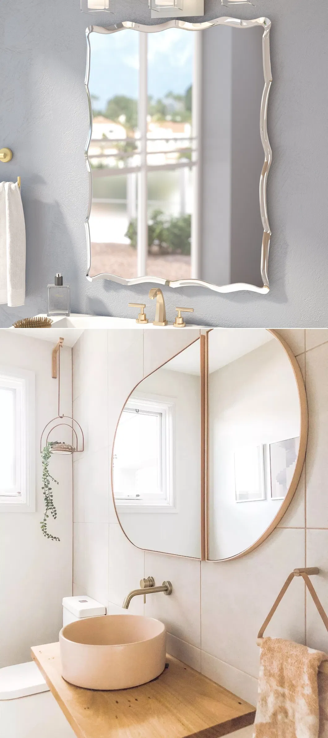 Ortonbath Wooden Round Mirror Wall Hanging Nordic Bathroom Mirror Creative Unique Drill Hole/Drill-Free Hole with Complete Kit, Wood Color