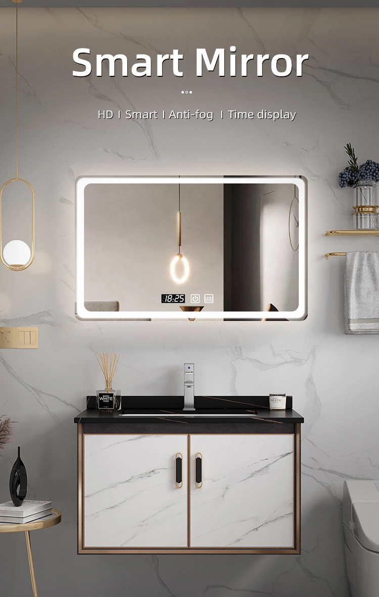 Rock Slate Bathroom Cabinet Customized Furniture Mirror with LED Mirror and Ceramic Basin Matte Finishing Marble Bathroom Vanity Cabinet with Towel Shelf