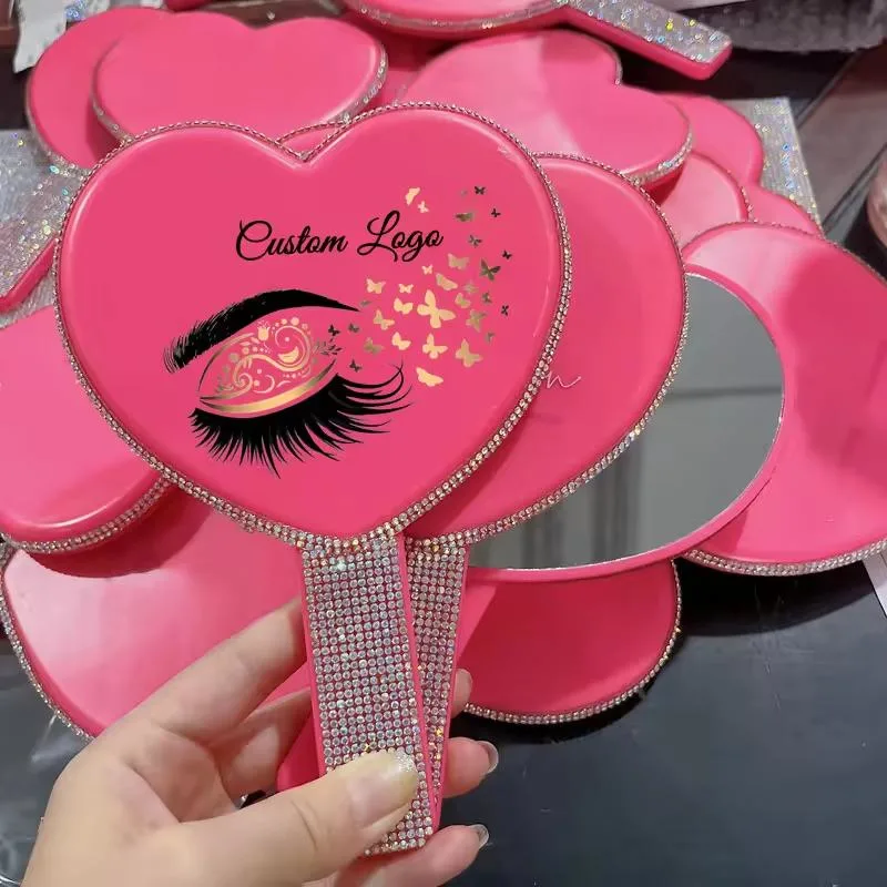 Private Label Your Logo Single Side Plastic Small Handheld Square Heart OEM Cosmetic Makeup Bling Hand Mirrors for Women