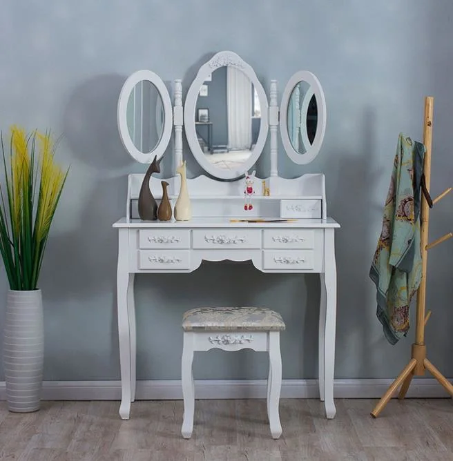 Tri-Fold Mirror Dressing Table with 7 Drawers