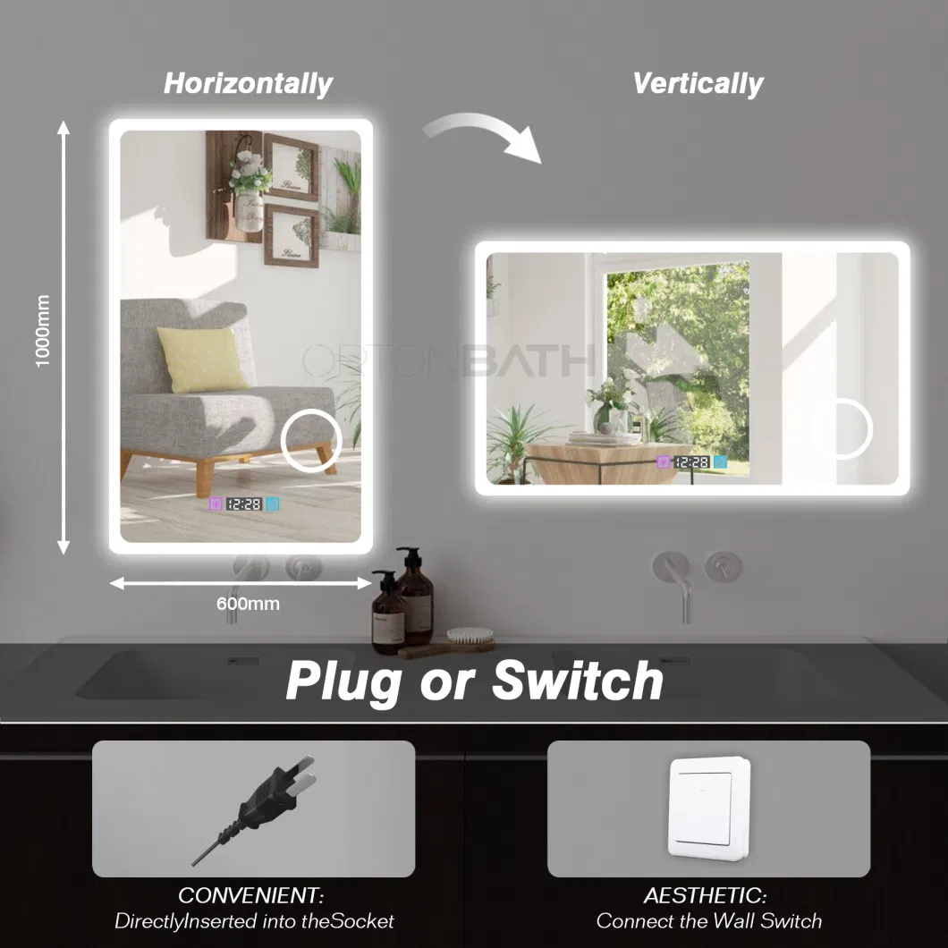 Ortonbath Backlit Frameless Vanity Smart Mirror with Lights Wall Mounted 24X32 Inch Dimmer Defogger Clear Shatterproof LED Bathroom Mirror with Magnifier