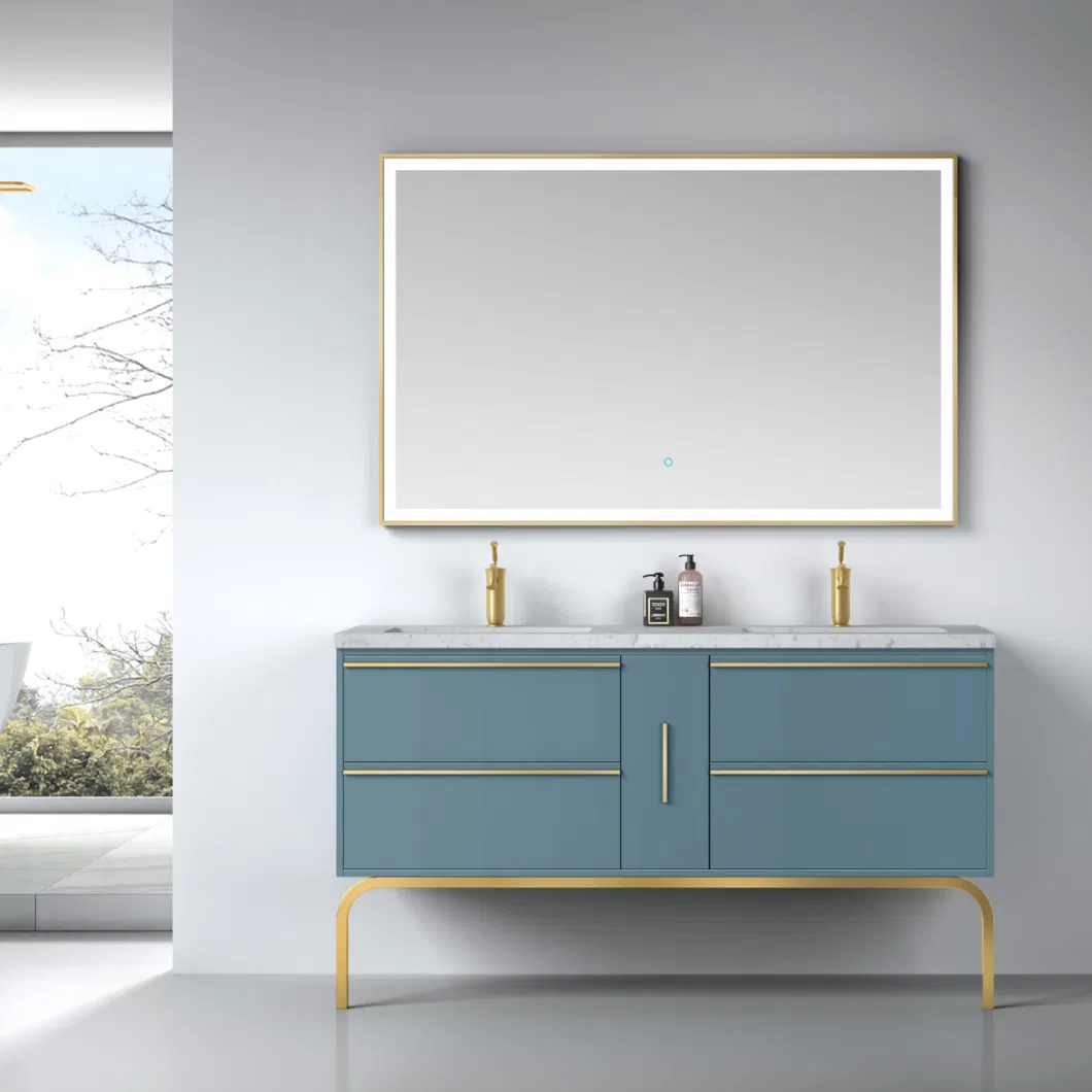 Luxury Blue Color Wall Hung Hotel Vanity Cabinet with Brass Frame