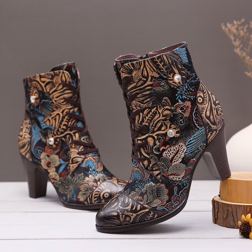 Bohemian Embossed Leather Comfy Shoes Embroidered Floral Pattern High Heel Lace up Warm Lining Retro Boots