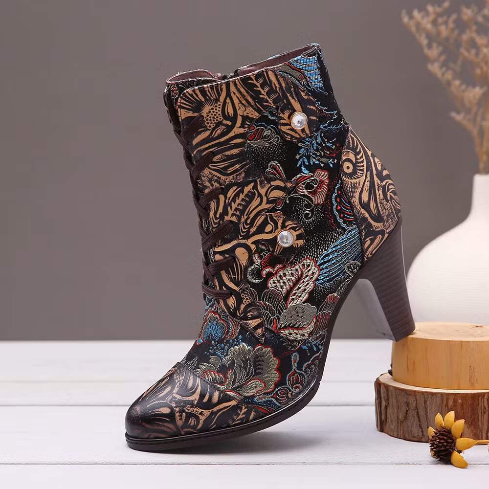 Bohemian Embossed Leather Comfy Shoes Embroidered Floral Pattern High Heel Lace up Warm Lining Retro Boots