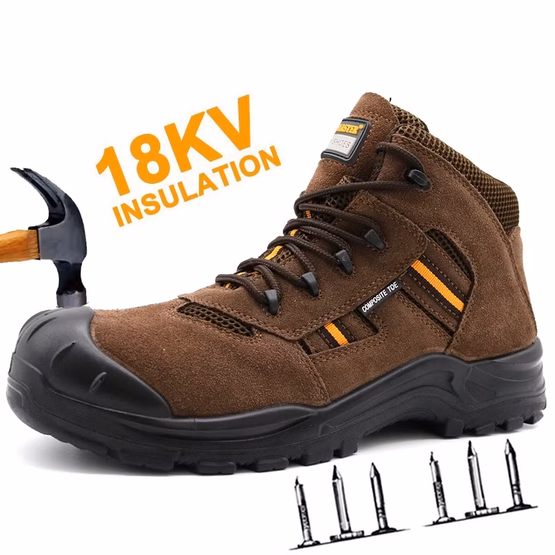 Brown Suede Leather Composite Toe Anti Puncture 18kv Insulation Safety Electric Shoes