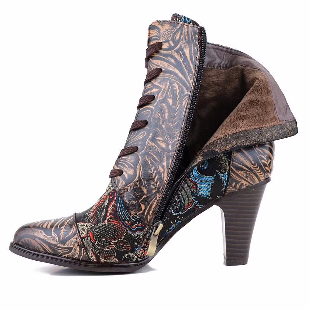 Bohemian Embossed Leather Comfy Shoes Embroidered Floral Pattern High Heel Lace up Warm Lining Retro Boots