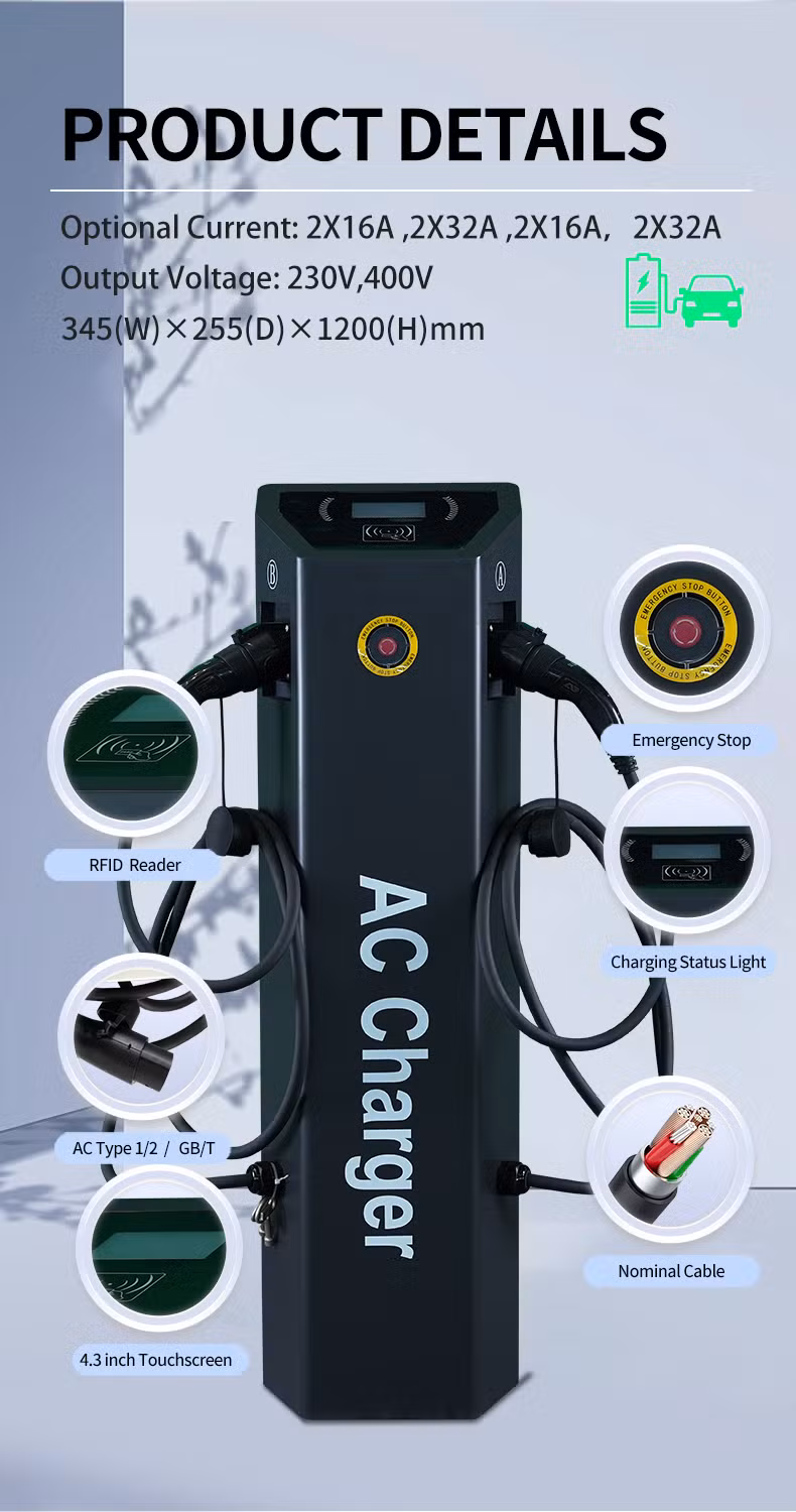China Manufacturer ODM/OEM Fast AC EV Charger Floor Mounted Easy Installation Dual Gun IP55 Commercial Use EV Charger Car Charger with 2 Years Warranty
