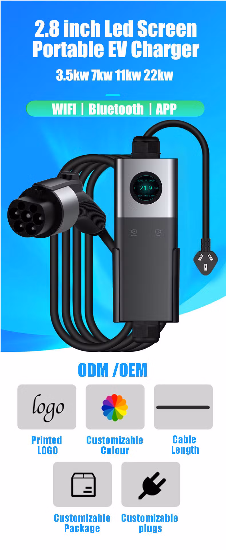 IEC 62196-2: 2016, Type 2 Plug; Saej1772 1 Electric Car Portable EV Charging Station
