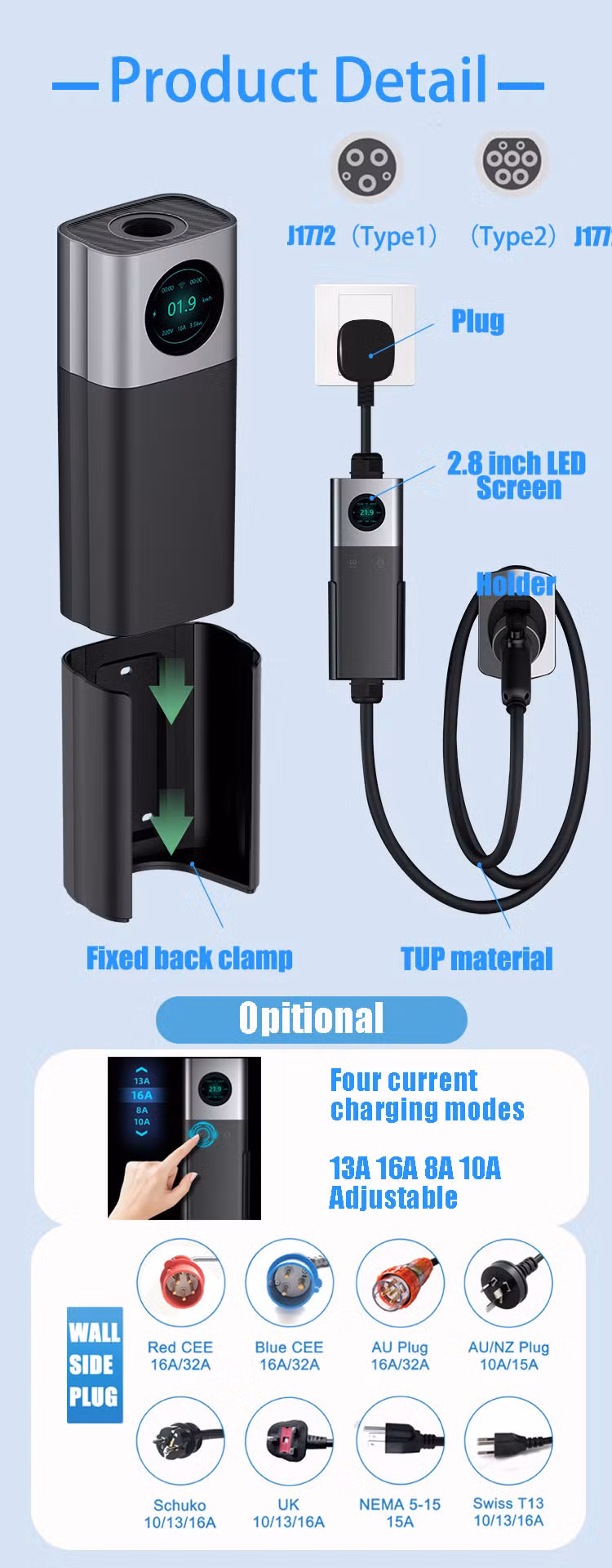 IEC 62196-2: 2016, Type 2 Plug; Saej1772 1 Electric Car Portable EV Charging Station