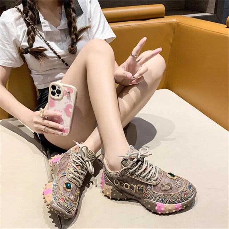 Girl Mesh Breathable Athletic Walking Shoes Diamond-Bordered Women&prime;s Rubber Bling Rhinestone Rivet Shoes