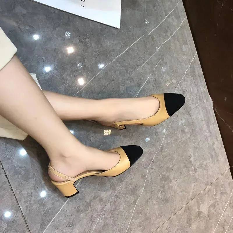 Summer Beach Sandals Designer Slingback Casual Fashion 100% Leather Shoes Belt Buckle Thick Heel Heels Baotou Lady Flat Work Women Dress Shoes