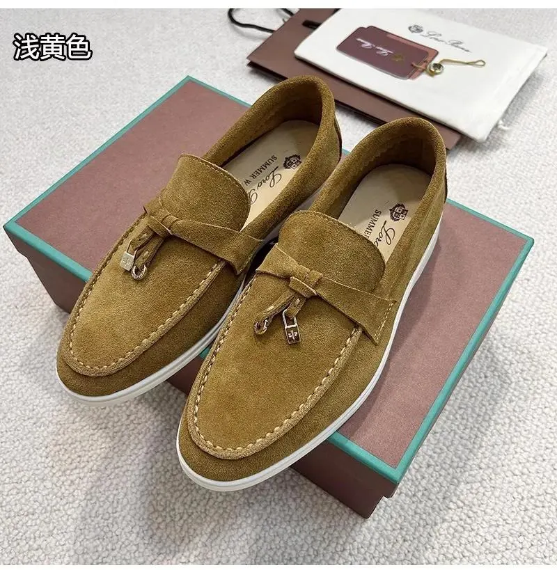 Summer Walk Women&prime;s Flat Heel Casual Shoes Loro Piano Mens Tasman Vintage Loafers Suede Dress Genuine Leather Sneakers Designer Moccasin Slip on Gift Shoe