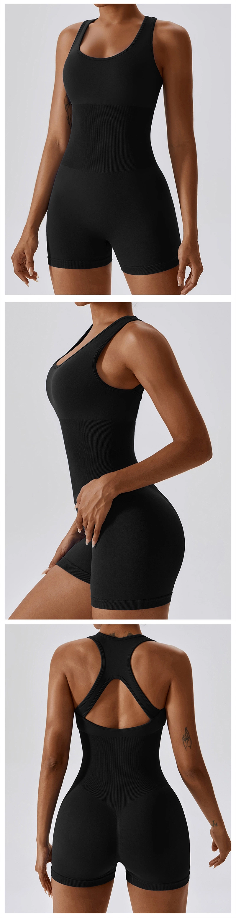 Wholesale Sexy One Piece Seamless Activewear Yoga Ballet Leotard Short Fitness Jumpsuits for Women, Stylish Hollow Back Athletic Sleeveless Gym Training Clothes