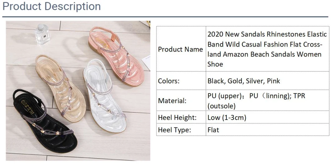 2020 New Sandals Rhinestones Elastic Band Wild Casual Fashion Flat Cross-Land Amazon Beach Sandals Women Shoe