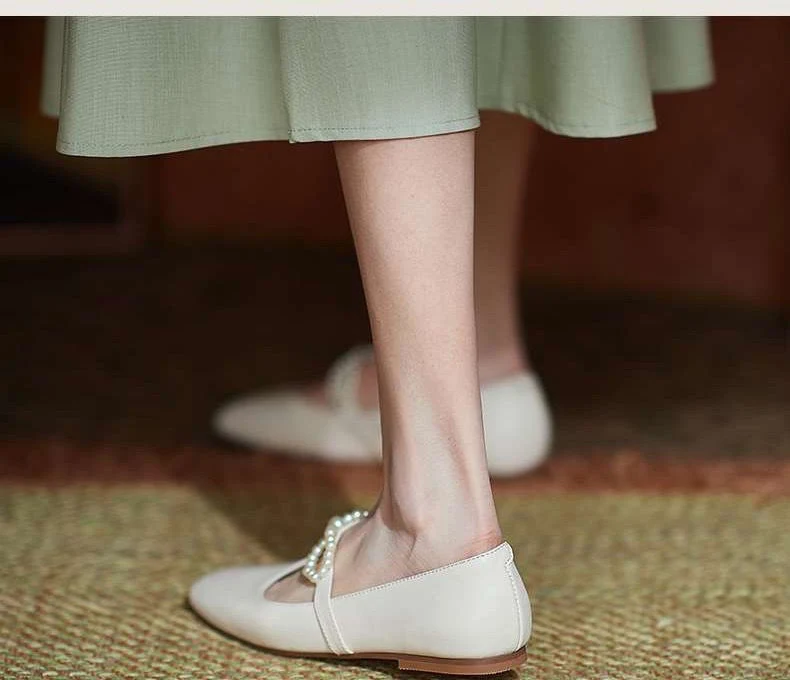 Luxury Pearl Mary Jane Shoes Ladies Pumps Leather Retro Square Toe Soft Sole Flat Ballet Shoes for Women