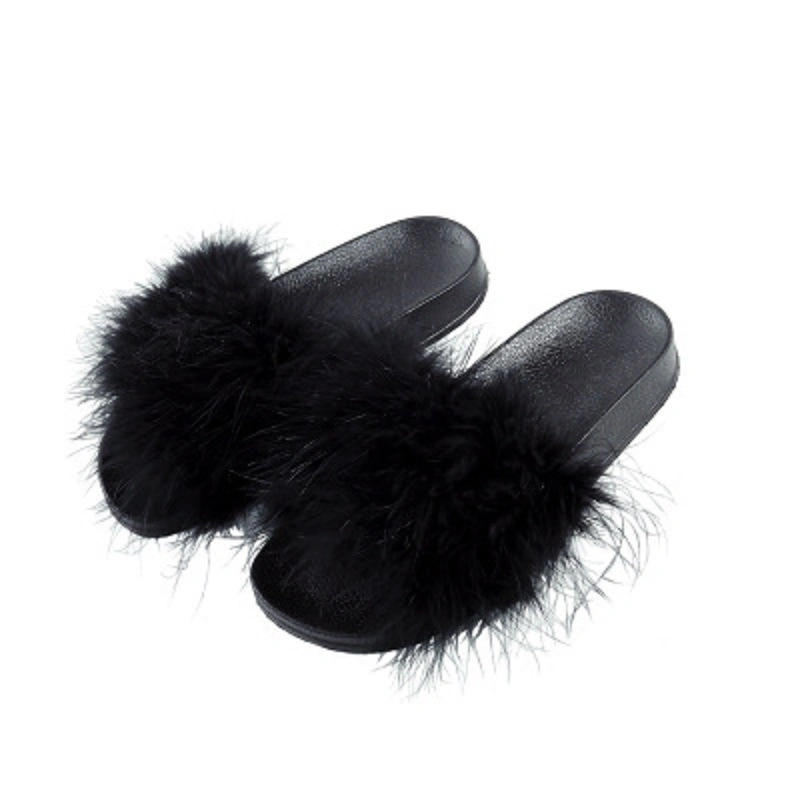 Women Fashion Fur Slippers Furry Slide Ostrich Feather Slipper Home Slippers Flip Flops Beach Summer Flats Slip-on Esg14127