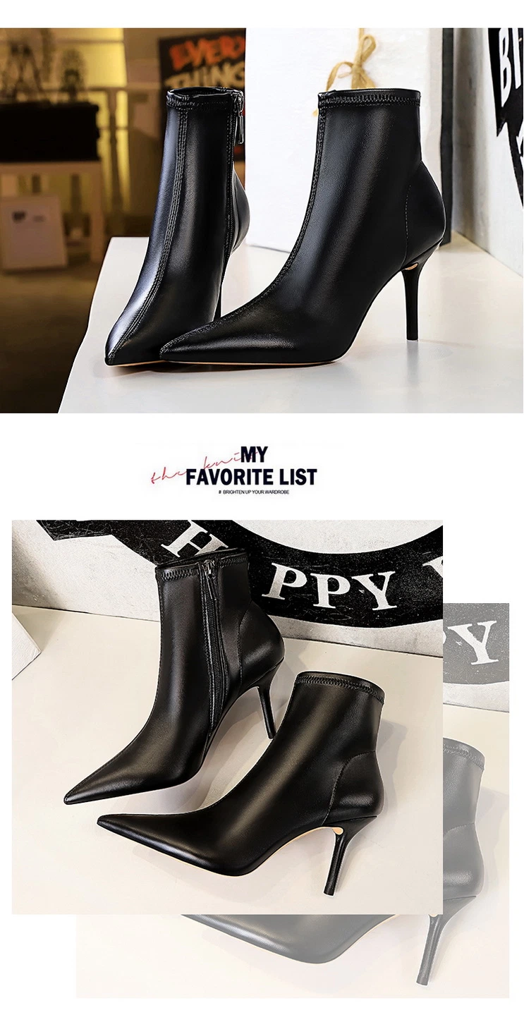 Lady Shoes Sexy Fashion Ankle High Heels Elastic Boot PU Leather Women Boots Comfort Shoes