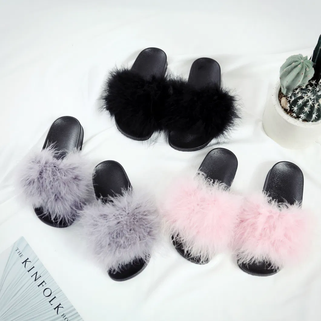 Women Fashion Fur Slippers Furry Slide Ostrich Feather Slipper Home Slippers Flip Flops Beach Summer Flats Slip-on Esg14127