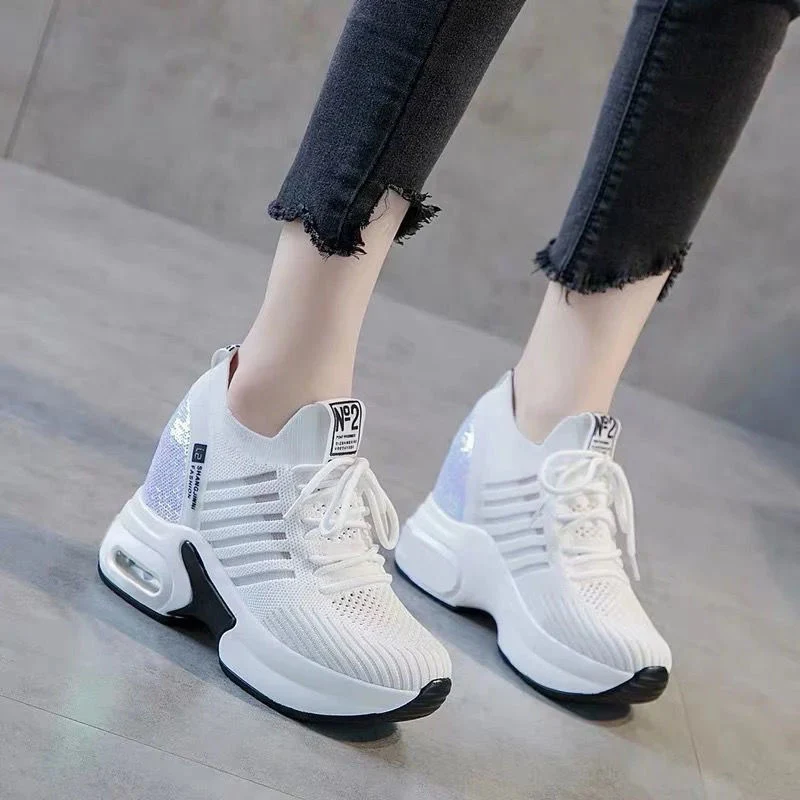 Chunky Sole Inside Heightening Female Running Shoes Fashion Cushioning Platform Breathable Flying Woven Slip-on Casual Sports Shoes for Women