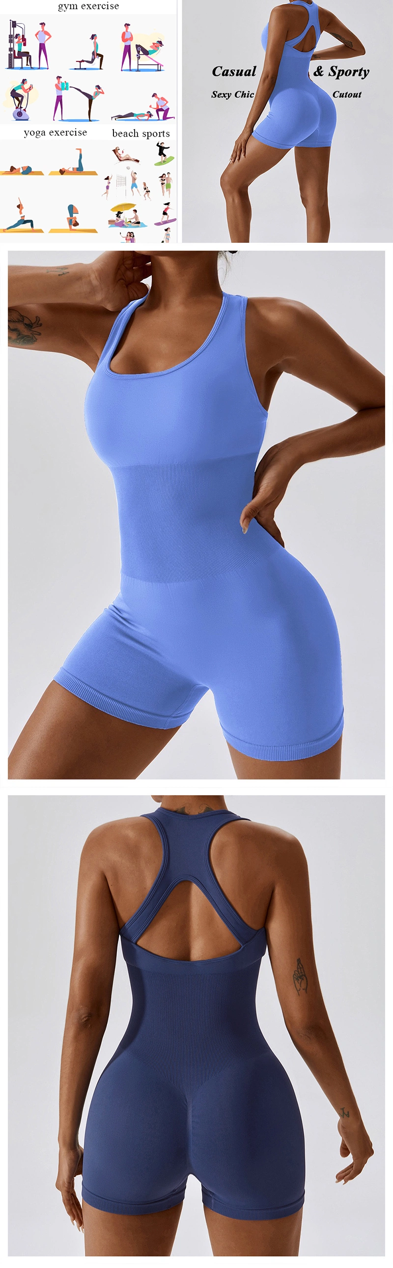 Wholesale Sexy One Piece Seamless Activewear Yoga Ballet Leotard Short Fitness Jumpsuits for Women, Stylish Hollow Back Athletic Sleeveless Gym Training Clothes