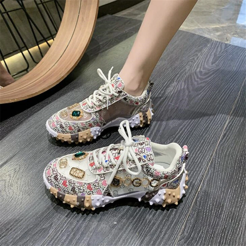 Girl Mesh Breathable Athletic Walking Shoes Diamond-Bordered Women&prime;s Rubber Bling Rhinestone Rivet Shoes