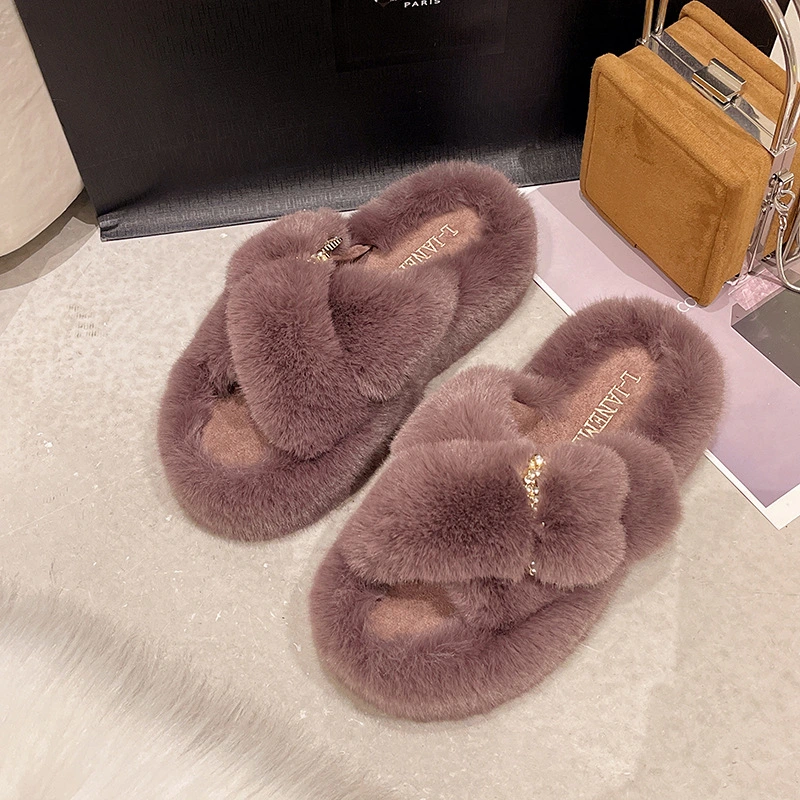 Winter Fashion Soft Warm Comfort Flat Fur Slipper Brand Designer Slip on Loafers Mules Flip Flops Casual Indoor