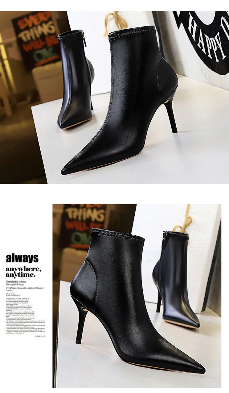 Lady Shoes Sexy Fashion Ankle High Heels Elastic Boot PU Leather Women Boots Comfort Shoes