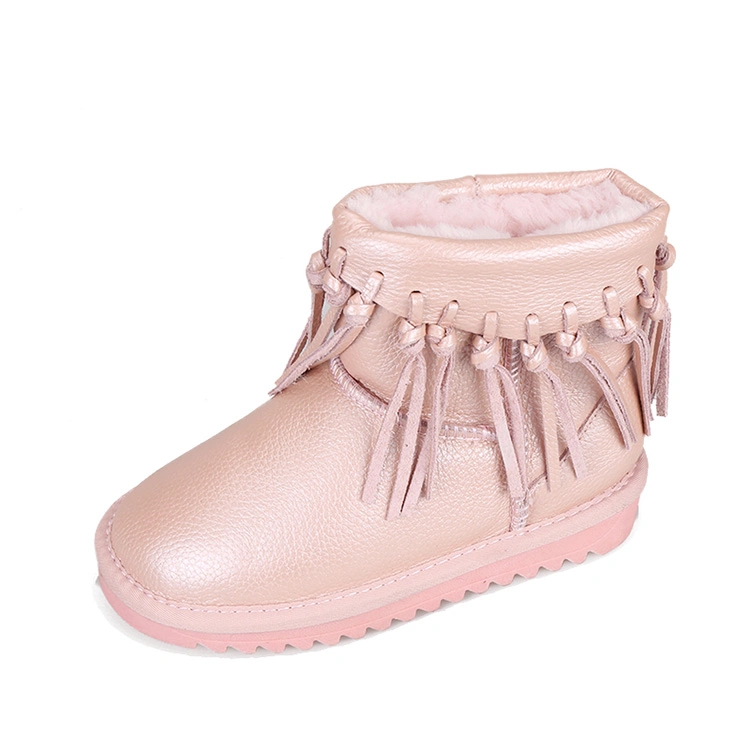 Girls Gender Genuine Leather Anti-Skid Kids Faux Fur Boots Tassel Winter Boots