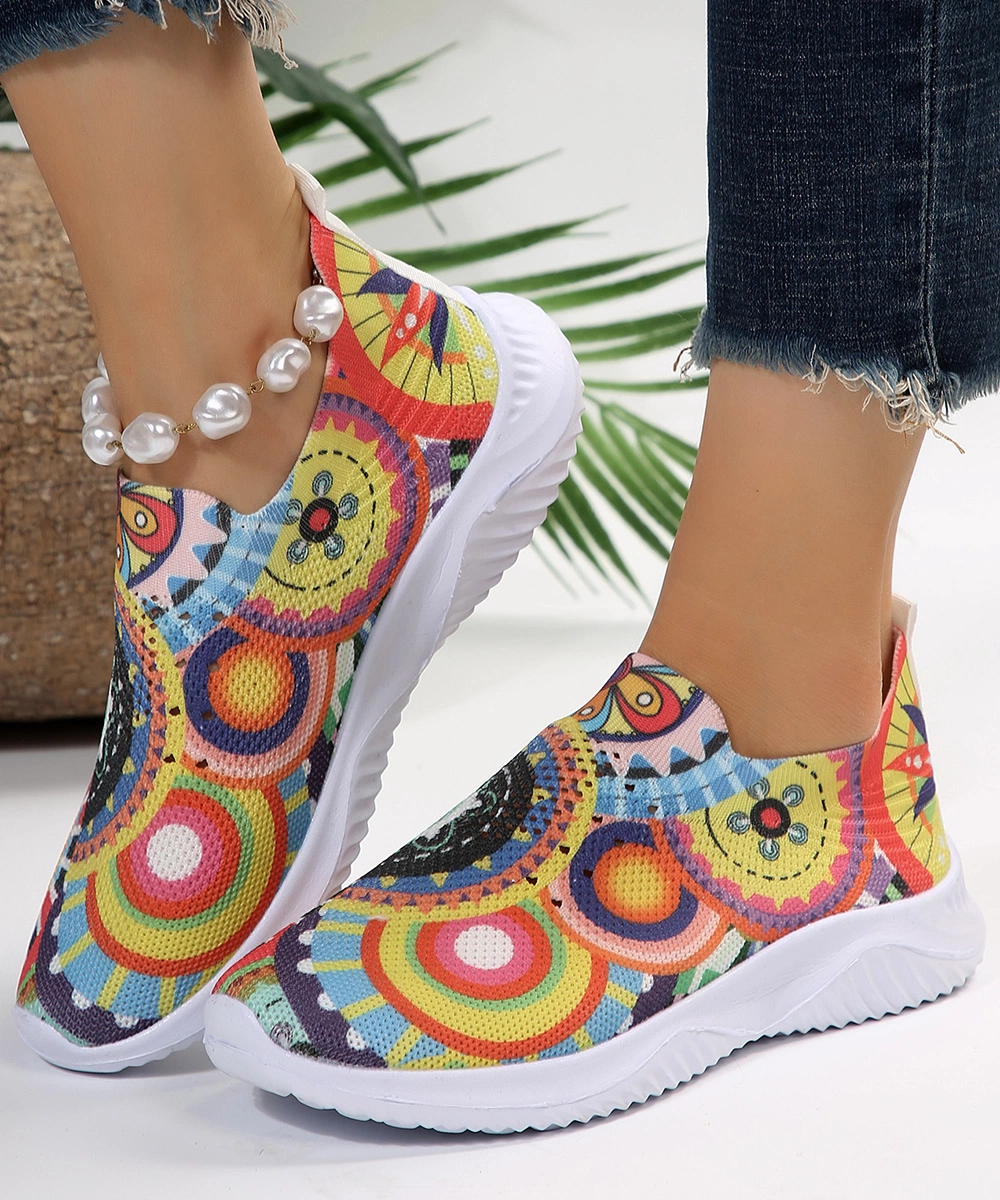 Autumn New Platform Knitted Stretch Sneaker Women&prime;s Foreign Trade Plus Size Cartoon Running Shoes Women&prime;s Pumps