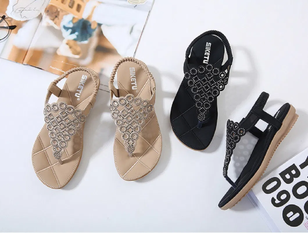 Women Bohemian Flat Sandals, Summer Beach T-Strap Flip Flop Sparkling Rhinestone Walking Sandals Casual Elastic Slip-on Sandals Esg13836