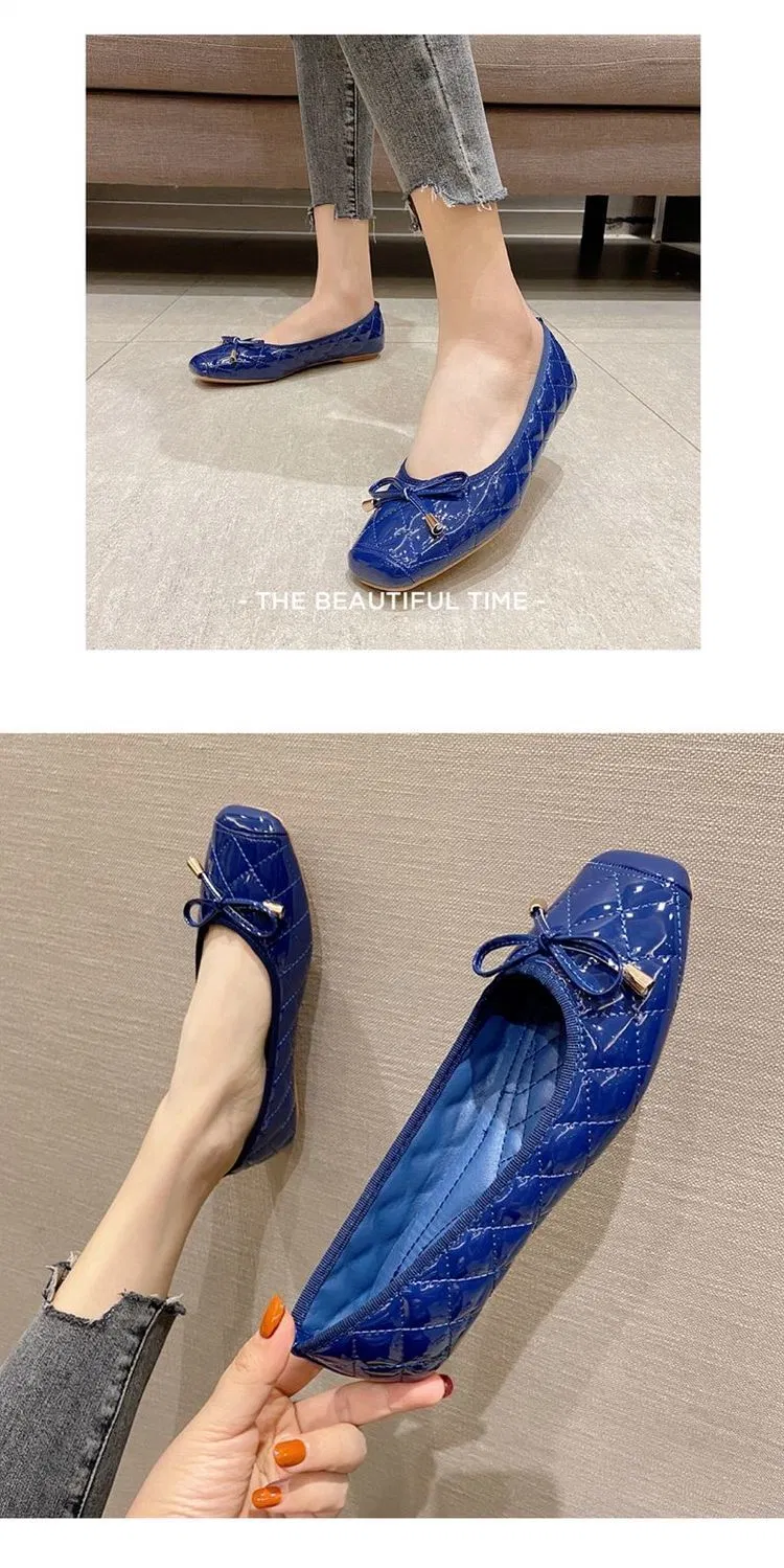 New Square Toe Flat Female Shoes Bow-Knot Boat Shoes Slip-on Working Soft Soled Ballerina Flats for Women