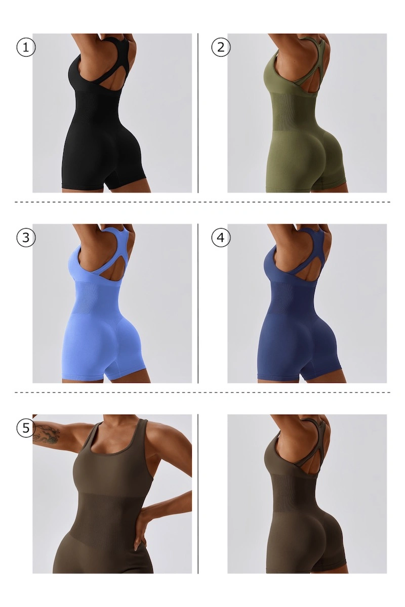 Wholesale Sexy One Piece Seamless Activewear Yoga Ballet Leotard Short Fitness Jumpsuits for Women, Stylish Hollow Back Athletic Sleeveless Gym Training Clothes